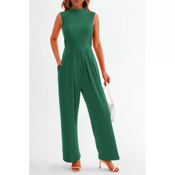 imagePRETTYGARDEN Womens Summer Jumpsuits Dressy Casual One Piece Outfits Sleeveless Mock Neck Wide Leg Pants Rompers with PocketsGreen
