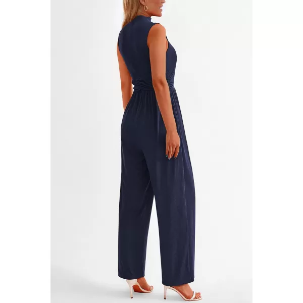 imagePRETTYGARDEN Womens Summer Jumpsuits Dressy Casual One Piece Outfits Sleeveless Mock Neck Wide Leg Pants Rompers with PocketsNavy