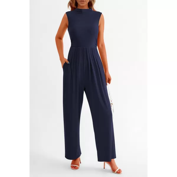 imagePRETTYGARDEN Womens Summer Jumpsuits Dressy Casual One Piece Outfits Sleeveless Mock Neck Wide Leg Pants Rompers with PocketsNavy