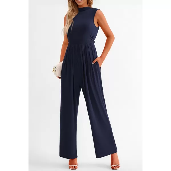 imagePRETTYGARDEN Womens Summer Jumpsuits Dressy Casual One Piece Outfits Sleeveless Mock Neck Wide Leg Pants Rompers with PocketsNavy