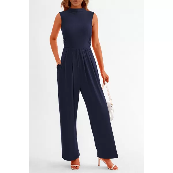 imagePRETTYGARDEN Womens Summer Jumpsuits Dressy Casual One Piece Outfits Sleeveless Mock Neck Wide Leg Pants Rompers with PocketsNavy