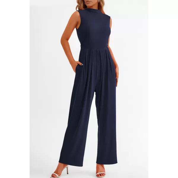 imagePRETTYGARDEN Womens Summer Jumpsuits Dressy Casual One Piece Outfits Sleeveless Mock Neck Wide Leg Pants Rompers with PocketsNavy