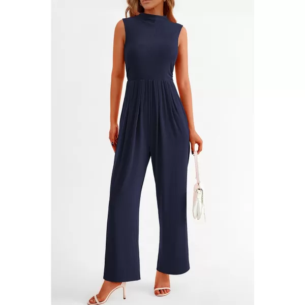 imagePRETTYGARDEN Womens Summer Jumpsuits Dressy Casual One Piece Outfits Sleeveless Mock Neck Wide Leg Pants Rompers with PocketsNavy