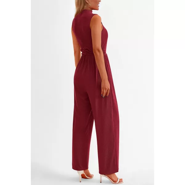 imagePRETTYGARDEN Womens Summer Jumpsuits Dressy Casual One Piece Outfits Sleeveless Mock Neck Wide Leg Pants Rompers with PocketsWine Red