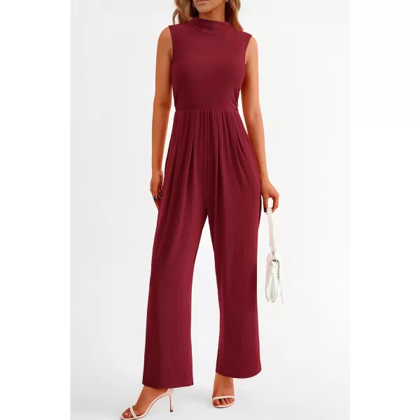 imagePRETTYGARDEN Womens Summer Jumpsuits Dressy Casual One Piece Outfits Sleeveless Mock Neck Wide Leg Pants Rompers with PocketsWine Red