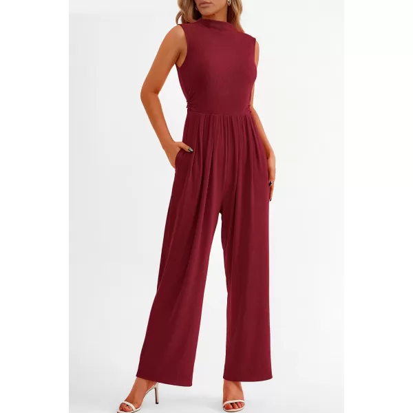 imagePRETTYGARDEN Womens Summer Jumpsuits Dressy Casual One Piece Outfits Sleeveless Mock Neck Wide Leg Pants Rompers with PocketsWine Red