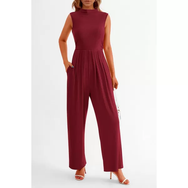 imagePRETTYGARDEN Womens Summer Jumpsuits Dressy Casual One Piece Outfits Sleeveless Mock Neck Wide Leg Pants Rompers with PocketsWine Red