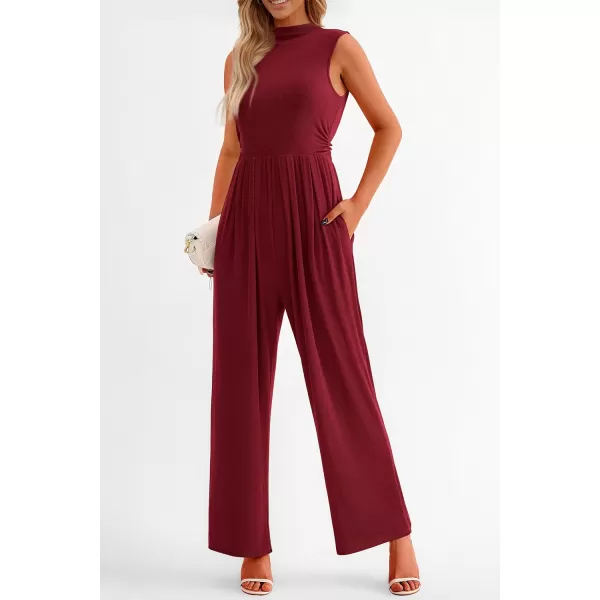 imagePRETTYGARDEN Womens Summer Jumpsuits Dressy Casual One Piece Outfits Sleeveless Mock Neck Wide Leg Pants Rompers with PocketsWine Red