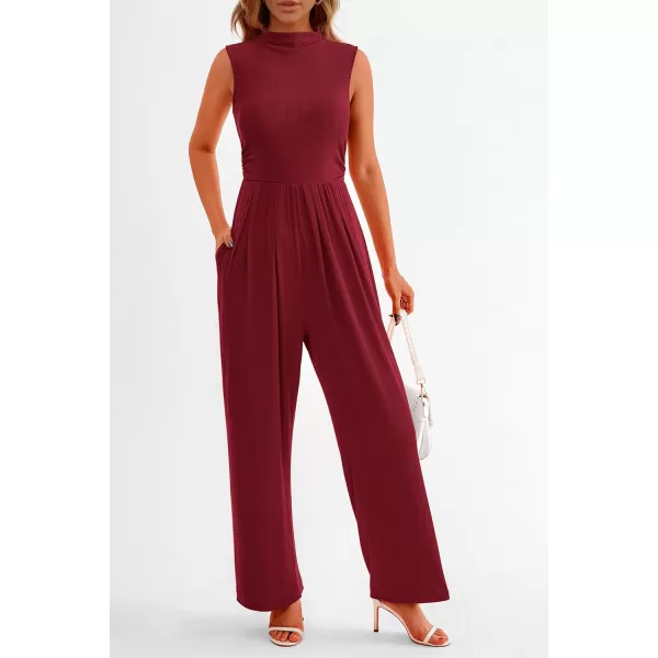 imagePRETTYGARDEN Womens Summer Jumpsuits Dressy Casual One Piece Outfits Sleeveless Mock Neck Wide Leg Pants Rompers with PocketsWine Red