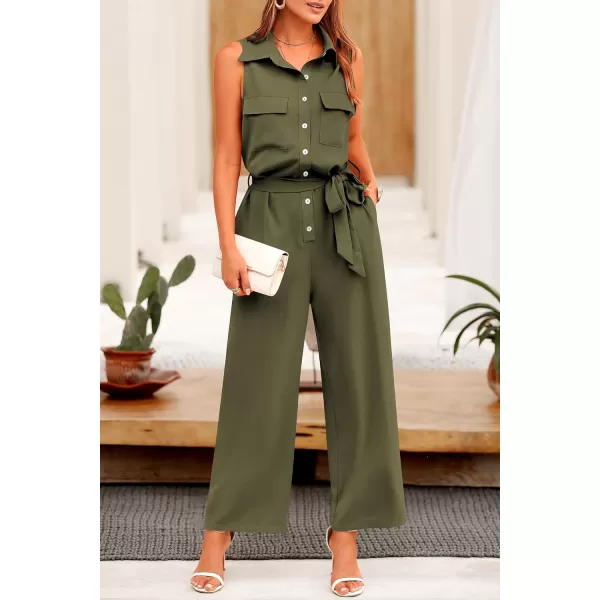 imagePRETTYGARDEN Womens Summer Jumpsuits Dressy Casual Sleeveless Button Up Belted Long Pants RompersArmy Green