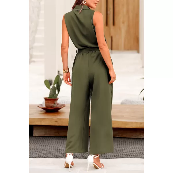 imagePRETTYGARDEN Womens Summer Jumpsuits Dressy Casual Sleeveless Button Up Belted Long Pants RompersArmy Green