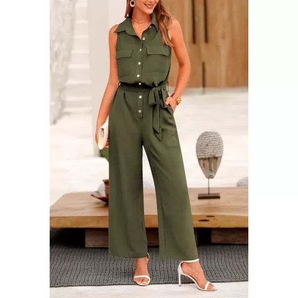 imagePRETTYGARDEN Womens Summer Jumpsuits Dressy Casual Sleeveless Button Up Belted Long Pants RompersArmy Green