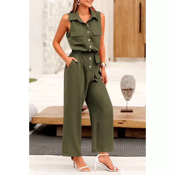 imagePRETTYGARDEN Womens Summer Jumpsuits Dressy Casual Sleeveless Button Up Belted Long Pants RompersArmy Green