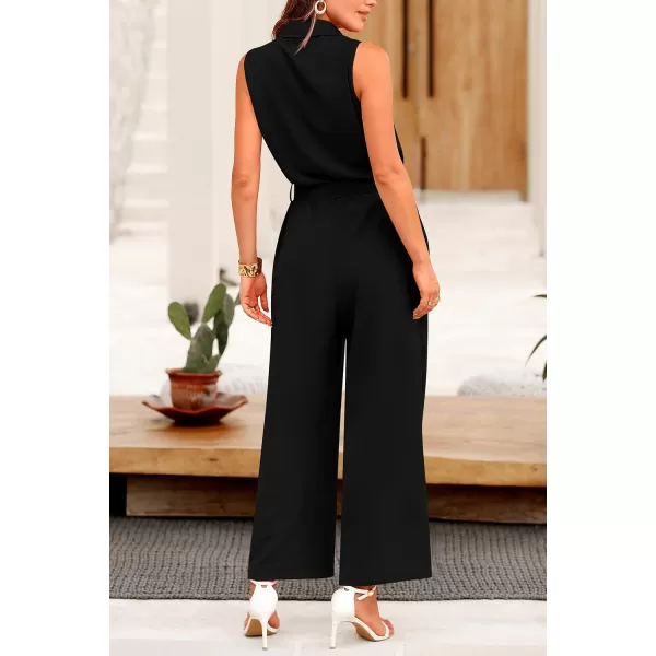 imagePRETTYGARDEN Womens Summer Jumpsuits Dressy Casual Sleeveless Button Up Belted Long Pants RompersBlack
