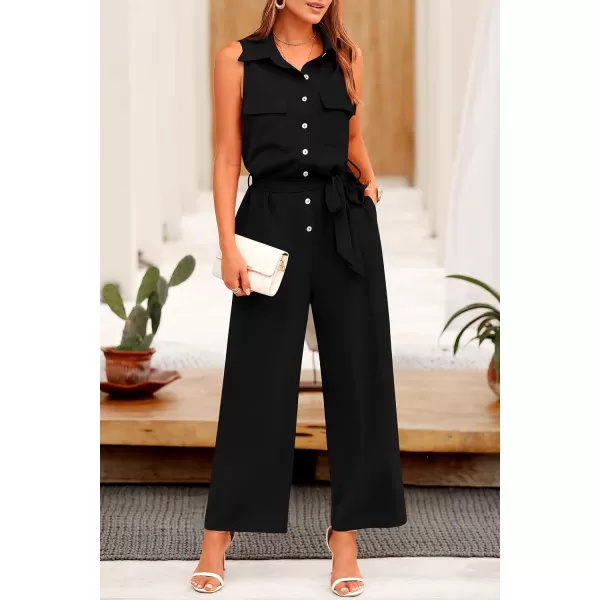 imagePRETTYGARDEN Womens Summer Jumpsuits Dressy Casual Sleeveless Button Up Belted Long Pants RompersBlack
