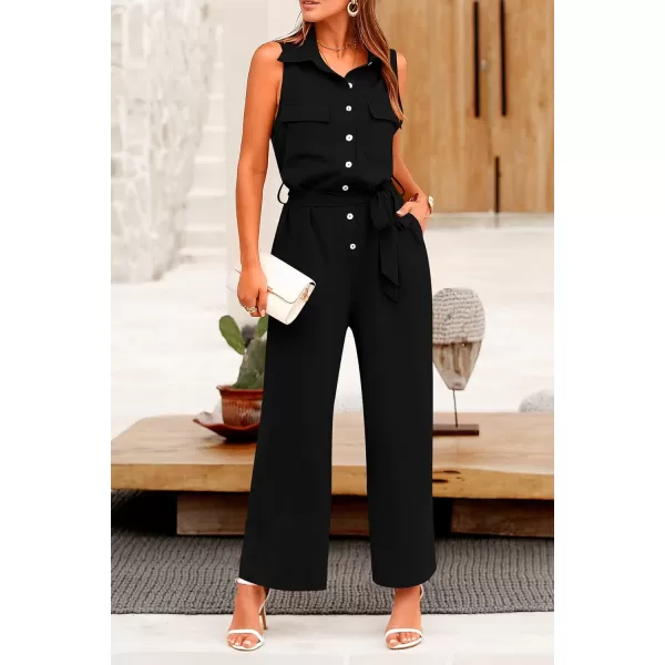 imagePRETTYGARDEN Womens Summer Jumpsuits Dressy Casual Sleeveless Button Up Belted Long Pants RompersBlack
