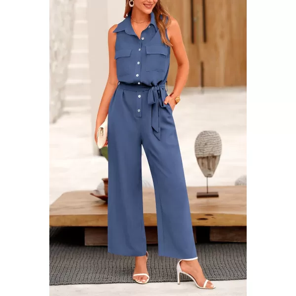 imagePRETTYGARDEN Womens Summer Jumpsuits Dressy Casual Sleeveless Button Up Belted Long Pants RompersGrey Blue