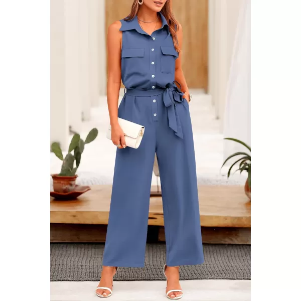 imagePRETTYGARDEN Womens Summer Jumpsuits Dressy Casual Sleeveless Button Up Belted Long Pants RompersGrey Blue