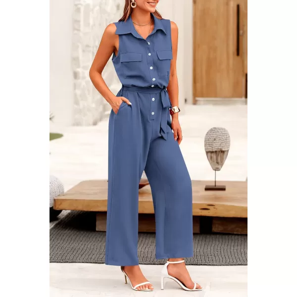 imagePRETTYGARDEN Womens Summer Jumpsuits Dressy Casual Sleeveless Button Up Belted Long Pants RompersGrey Blue