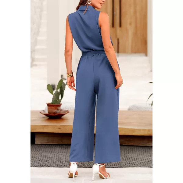 imagePRETTYGARDEN Womens Summer Jumpsuits Dressy Casual Sleeveless Button Up Belted Long Pants RompersGrey Blue