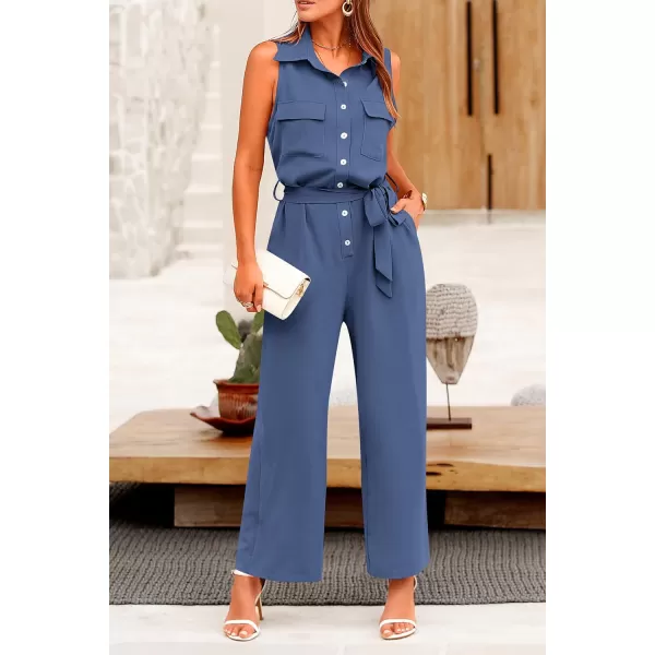 imagePRETTYGARDEN Womens Summer Jumpsuits Dressy Casual Sleeveless Button Up Belted Long Pants RompersGrey Blue
