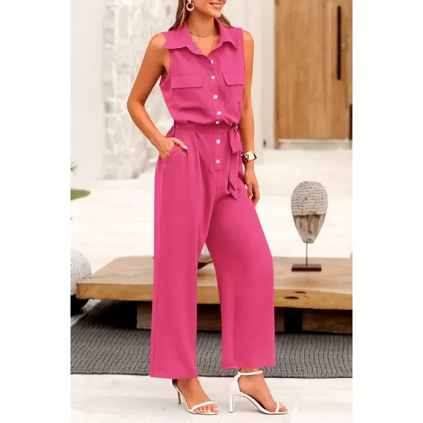 imagePRETTYGARDEN Womens Summer Jumpsuits Dressy Casual Sleeveless Button Up Belted Long Pants RompersRose Red
