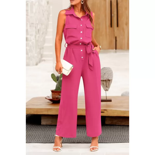 imagePRETTYGARDEN Womens Summer Jumpsuits Dressy Casual Sleeveless Button Up Belted Long Pants RompersRose Red