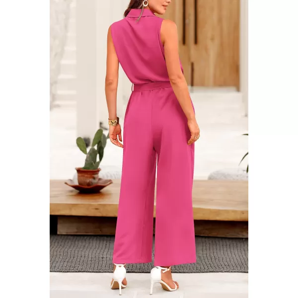 imagePRETTYGARDEN Womens Summer Jumpsuits Dressy Casual Sleeveless Button Up Belted Long Pants RompersRose Red