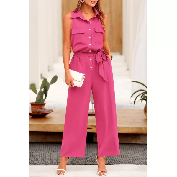 imagePRETTYGARDEN Womens Summer Jumpsuits Dressy Casual Sleeveless Button Up Belted Long Pants RompersRose Red