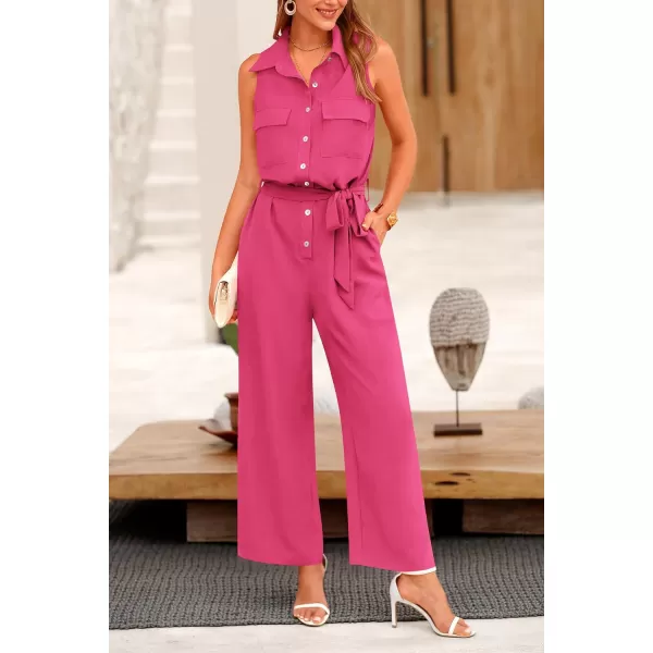 imagePRETTYGARDEN Womens Summer Jumpsuits Dressy Casual Sleeveless Button Up Belted Long Pants RompersRose Red