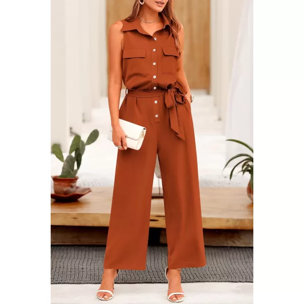 imagePRETTYGARDEN Womens Summer Jumpsuits Dressy Casual Sleeveless Button Up Belted Long Pants RompersRust Red