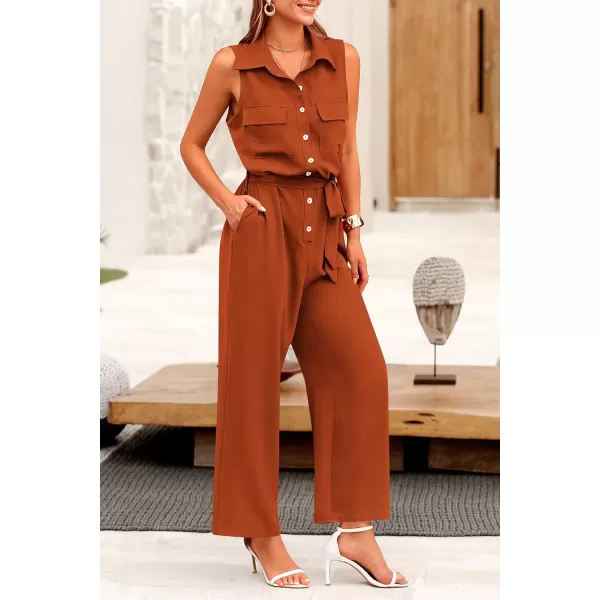 imagePRETTYGARDEN Womens Summer Jumpsuits Dressy Casual Sleeveless Button Up Belted Long Pants RompersRust Red