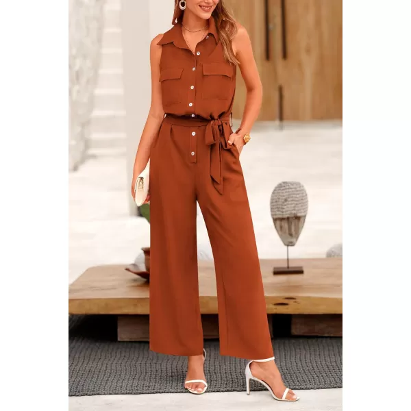 imagePRETTYGARDEN Womens Summer Jumpsuits Dressy Casual Sleeveless Button Up Belted Long Pants RompersRust Red