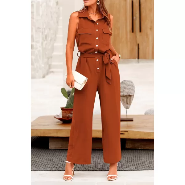 imagePRETTYGARDEN Womens Summer Jumpsuits Dressy Casual Sleeveless Button Up Belted Long Pants RompersRust Red