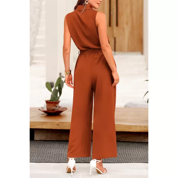 imagePRETTYGARDEN Womens Summer Jumpsuits Dressy Casual Sleeveless Button Up Belted Long Pants RompersRust Red