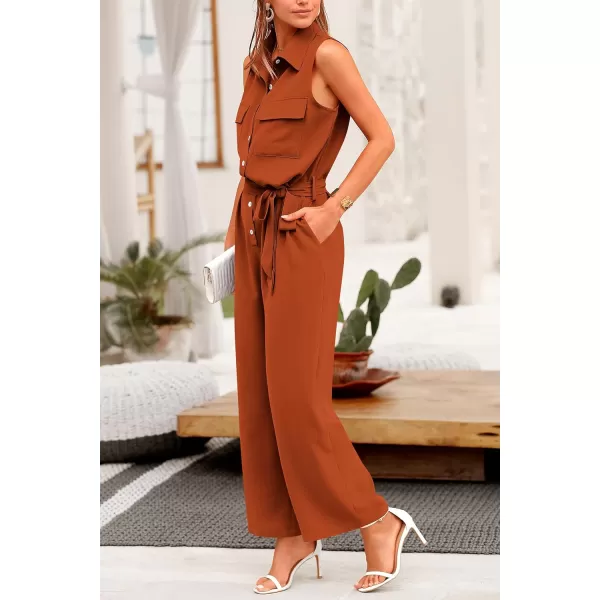 imagePRETTYGARDEN Womens Summer Jumpsuits Dressy Casual Sleeveless Button Up Belted Long Pants RompersRust Red