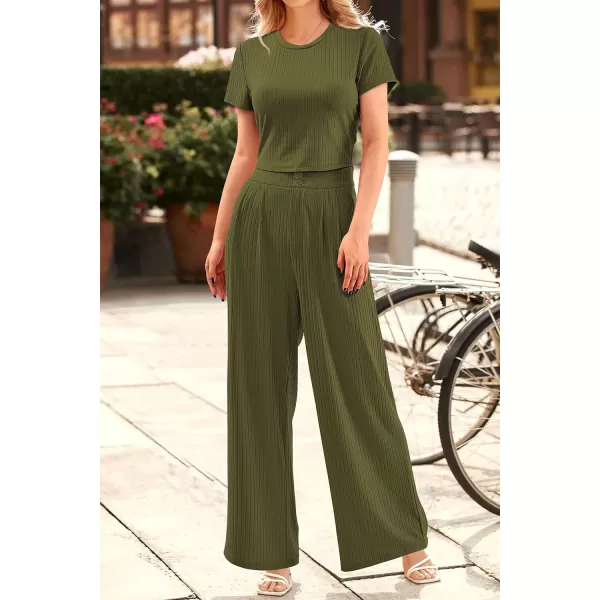 imagePRETTYGARDEN Womens Summer Knit 2 Piece Outfit Short Sleeve Crop Tee Tops Wide Leg Pants Set Tracksuit LoungewearArmy Green