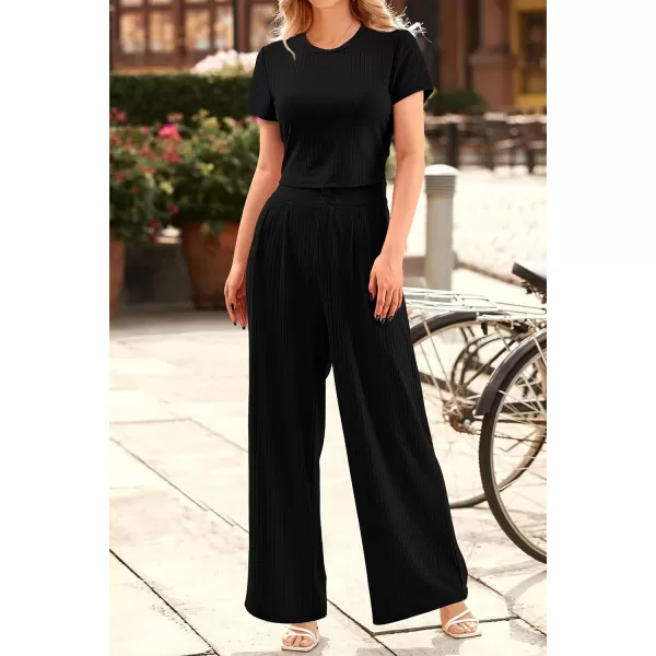 imagePRETTYGARDEN Womens Summer Knit 2 Piece Outfit Short Sleeve Crop Tee Tops Wide Leg Pants Set Tracksuit LoungewearBlack