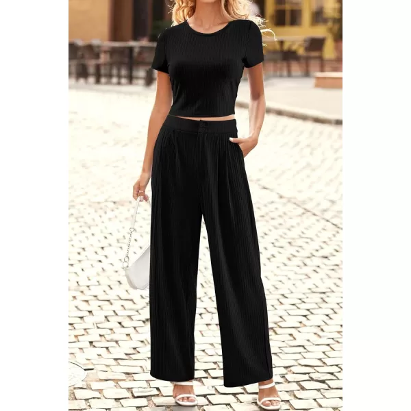 imagePRETTYGARDEN Womens Summer Knit 2 Piece Outfit Short Sleeve Crop Tee Tops Wide Leg Pants Set Tracksuit LoungewearBlack