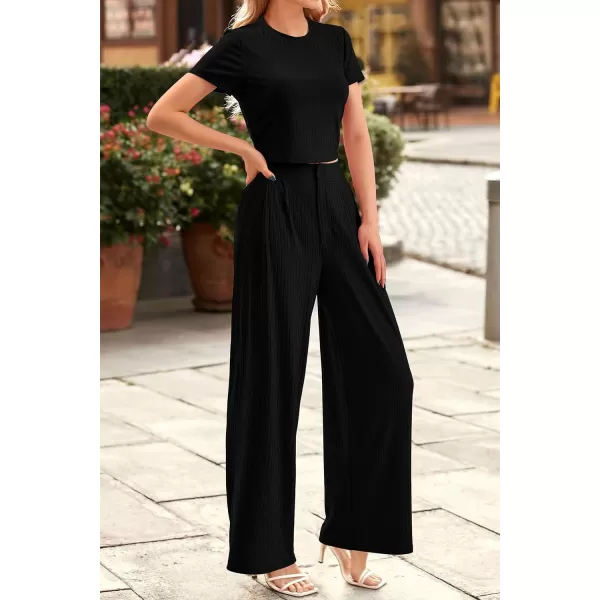 imagePRETTYGARDEN Womens Summer Knit 2 Piece Outfit Short Sleeve Crop Tee Tops Wide Leg Pants Set Tracksuit LoungewearBlack