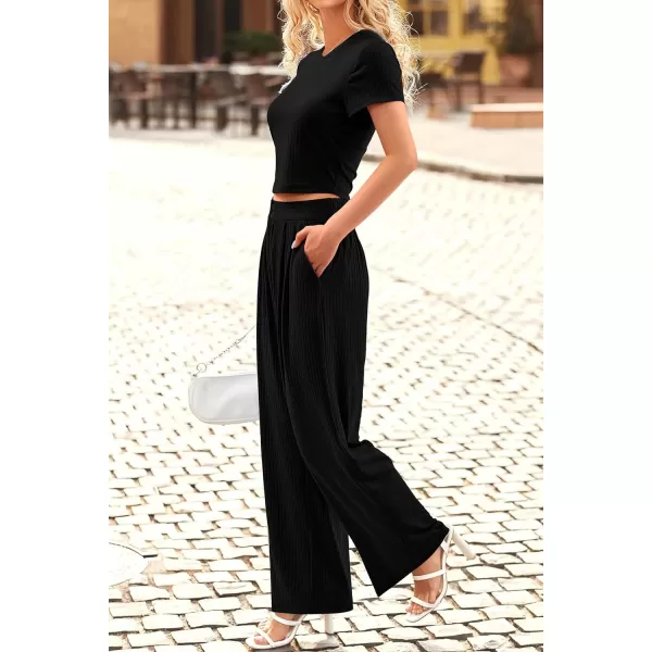 imagePRETTYGARDEN Womens Summer Knit 2 Piece Outfit Short Sleeve Crop Tee Tops Wide Leg Pants Set Tracksuit LoungewearBlack