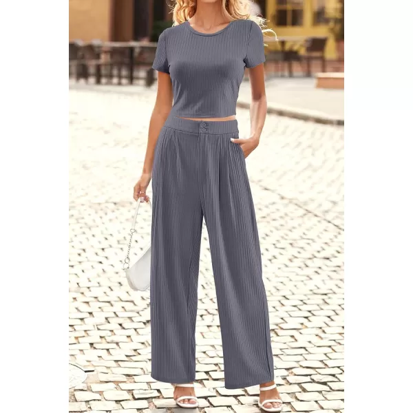 imagePRETTYGARDEN Womens Summer Knit 2 Piece Outfit Short Sleeve Crop Tee Tops Wide Leg Pants Set Tracksuit LoungewearDark Grey