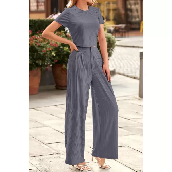 imagePRETTYGARDEN Womens Summer Knit 2 Piece Outfit Short Sleeve Crop Tee Tops Wide Leg Pants Set Tracksuit LoungewearDark Grey