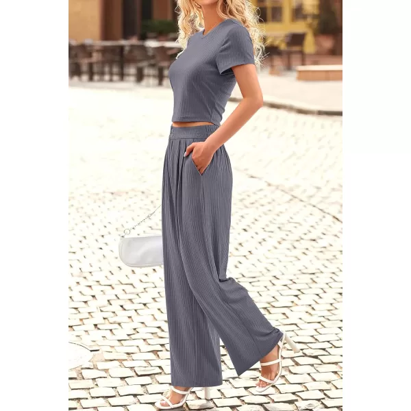 imagePRETTYGARDEN Womens Summer Knit 2 Piece Outfit Short Sleeve Crop Tee Tops Wide Leg Pants Set Tracksuit LoungewearDark Grey