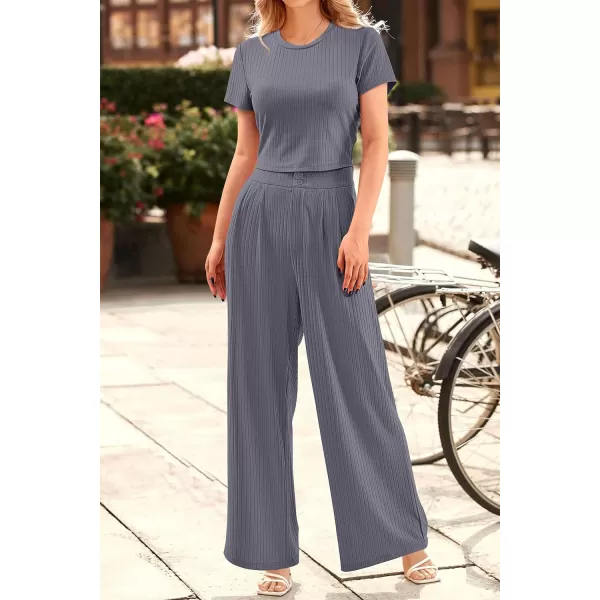 imagePRETTYGARDEN Womens Summer Knit 2 Piece Outfit Short Sleeve Crop Tee Tops Wide Leg Pants Set Tracksuit LoungewearDark Grey