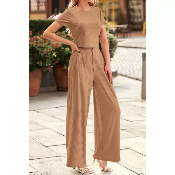 imagePRETTYGARDEN Womens Summer Knit 2 Piece Outfit Short Sleeve Crop Tee Tops Wide Leg Pants Set Tracksuit LoungewearKhaki