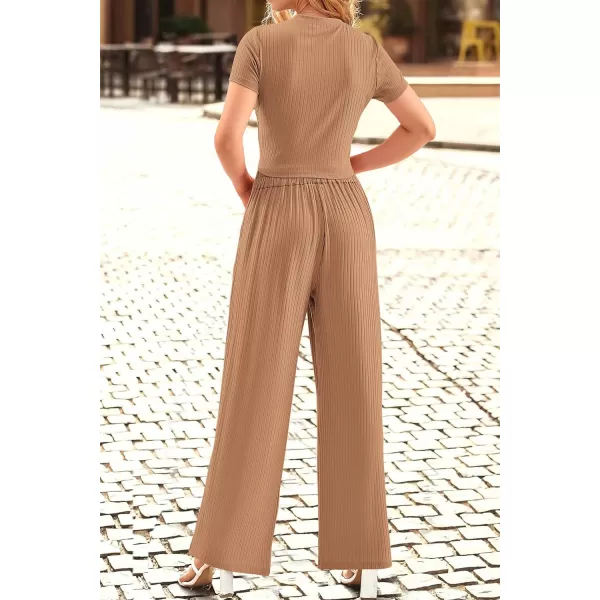 imagePRETTYGARDEN Womens Summer Knit 2 Piece Outfit Short Sleeve Crop Tee Tops Wide Leg Pants Set Tracksuit LoungewearKhaki