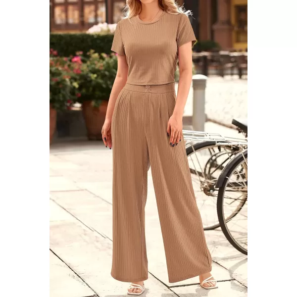 imagePRETTYGARDEN Womens Summer Knit 2 Piece Outfit Short Sleeve Crop Tee Tops Wide Leg Pants Set Tracksuit LoungewearKhaki
