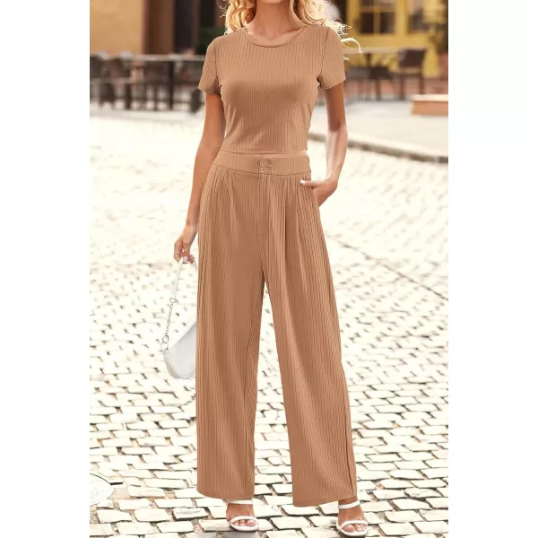 imagePRETTYGARDEN Womens Summer Knit 2 Piece Outfit Short Sleeve Crop Tee Tops Wide Leg Pants Set Tracksuit LoungewearKhaki
