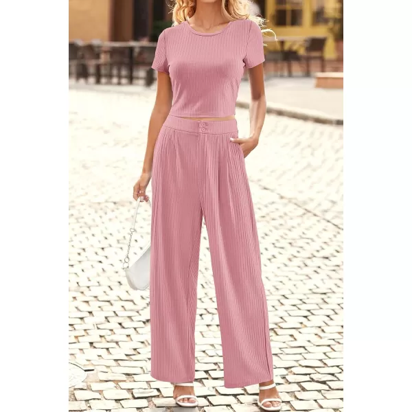 imagePRETTYGARDEN Womens Summer Knit 2 Piece Outfit Short Sleeve Crop Tee Tops Wide Leg Pants Set Tracksuit LoungewearLight Pink